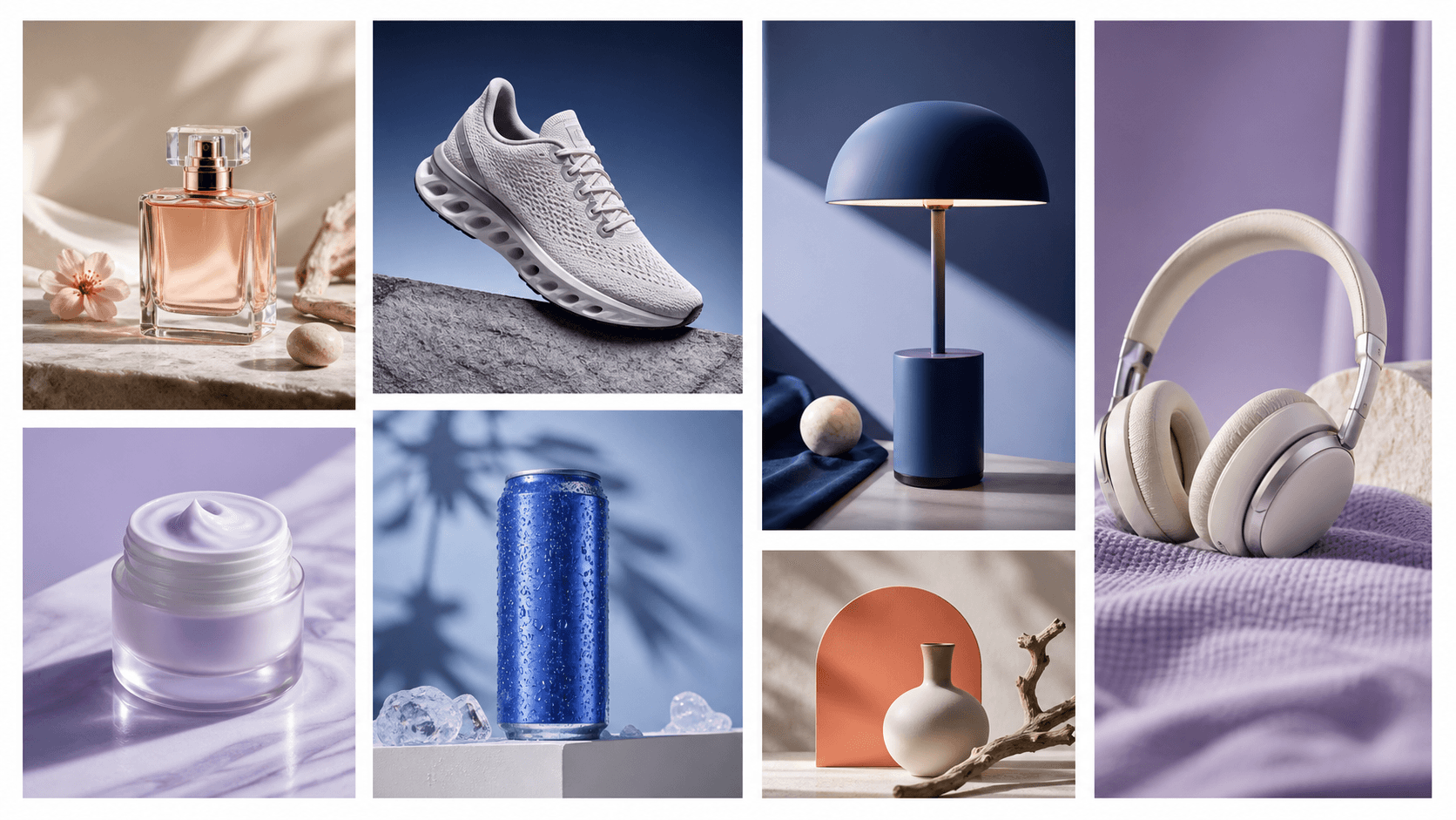 A gallery of AI-generated product advertising images in multiple aspect ratios