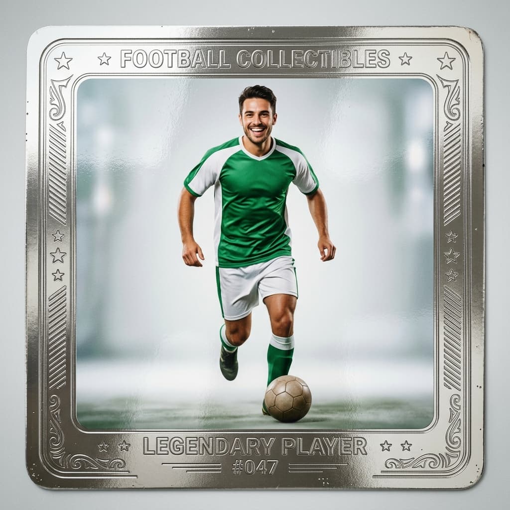 Collectible sticker — Glossy silver-foil album sticker of a player in green and white