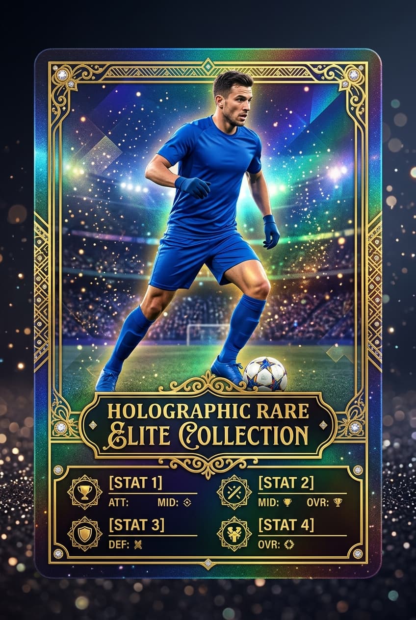 Trading card — Holographic rare-edition card with a gold deco frame and stat panel